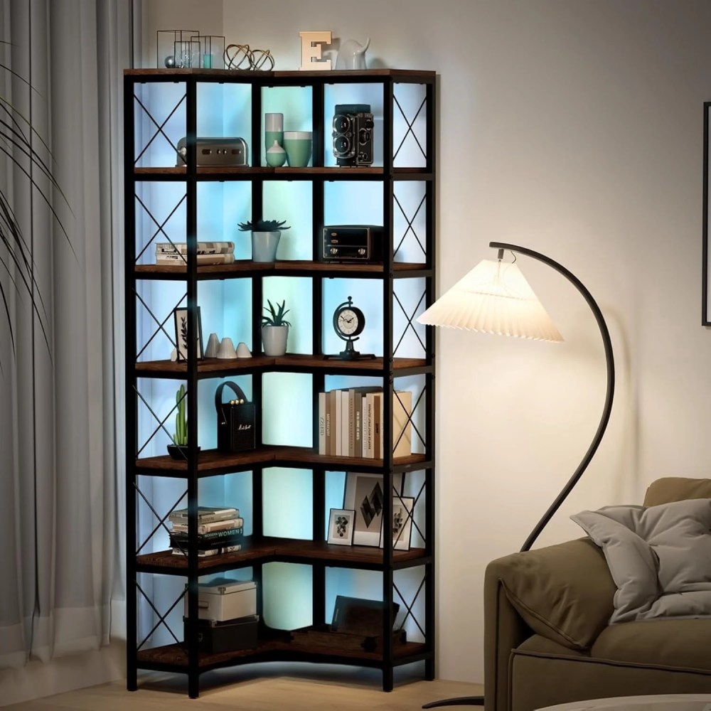 7-Tier Corner Bookshelf with LED Light strips,78.7" Tall Corner Shelf Storage Display Rack with Metal Frame,Large Capacity Corner Bookcase for Living Room Home Office Rustic Brown