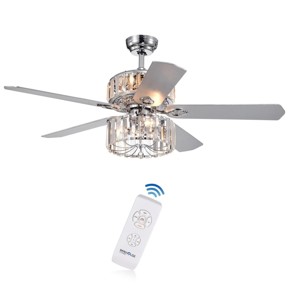 Warehouse of Tiffany Perris 52-inch 5-Blade Chrome Lighted Ceiling Fans with 2-Tier Crystal Shade (Remote Controlled)