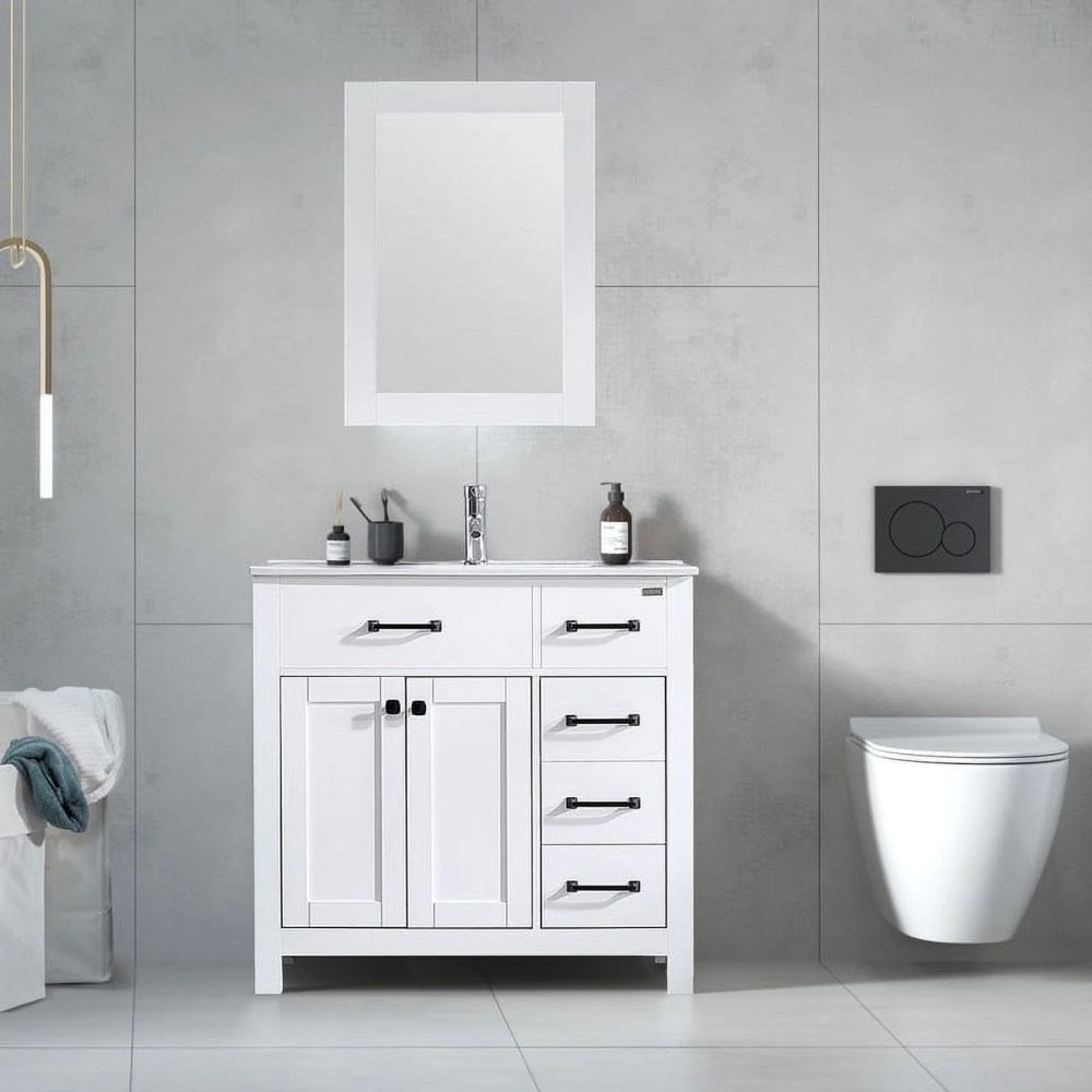 Walsport 36" Luxurious Bathroom Vanity with Sink Top,Modern Bathroom Vanities with 2-Door and 5 Drawers Cabinet ,Solid Wood Bathroom Cabinet with Undermount Ceramic Sink,White