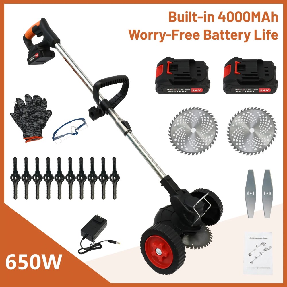 Weed Wacker Cordless Electric Weed Eater 24V Battery Powered 4000mAh Grass Trimmer Brush Cutter with Wheels Battery Operated Weed Trimmer Grass Cutting Machine,Black