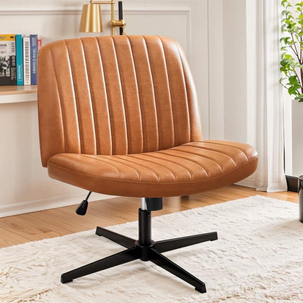 Smiaoer Office Chair No Wheels Criss Cross Legged Office Chair Armless PU Leather Desk Chair Wide Swivel Home Office Task Chairs, Brown