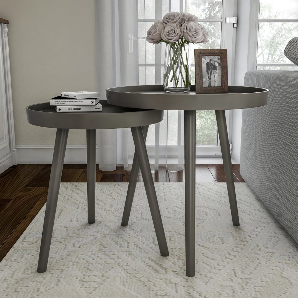 Lavish Home Set of 2 Round Nesting Side Tables with Tray Tops,Gray