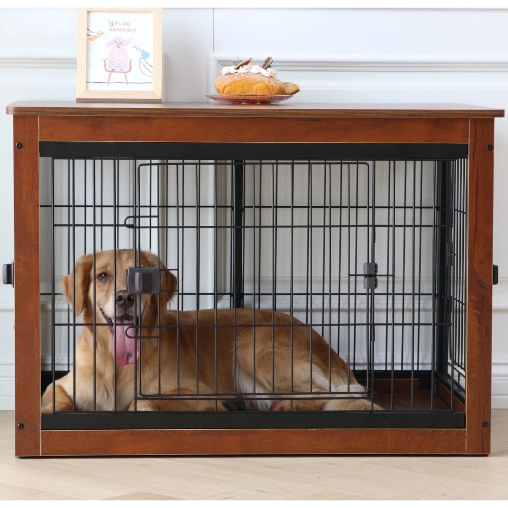 Dog Crate Furniture Indoor Dog Crate End Table Heavy-Duty Dog Cage with Dog Mat,  Three-Door Dog House Brown