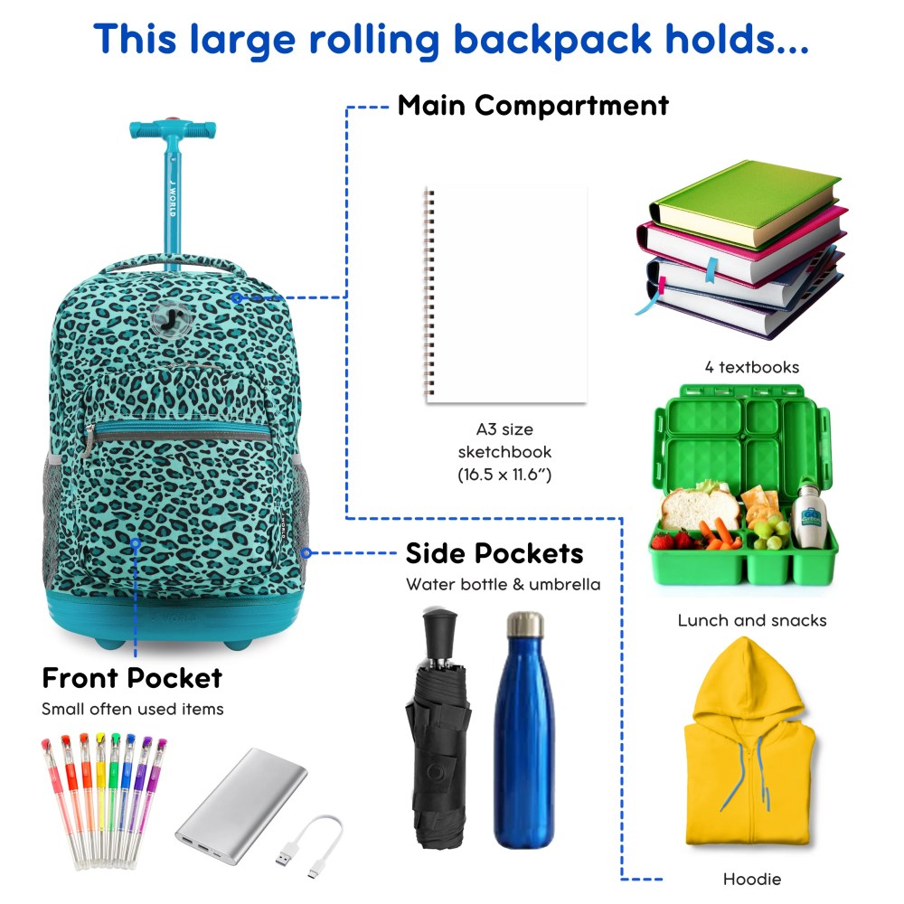 J World Girls Sunrise 18" Rolling Backpack for School and Travel, Mint Leopard - Image 2
