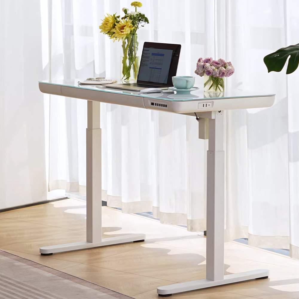 KOWO K302 Adult Tempered Glass Electric Height Adjustable Standing Desk with Drawer,23.6 in x 47.2 in,White,1 Pack
