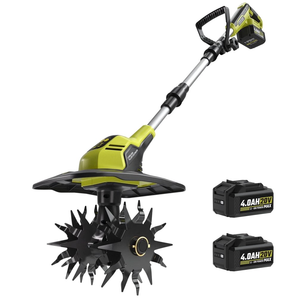 20V Cordless Tiller Cultivator,360RPM Electric Garden Rototiller with (2) 4.0Ah Batteries and Fast Charger,8.9" Tilling Width & 6.8" Depth,Portable Tiller for Garden,Lawn,and Soil Cultivation
