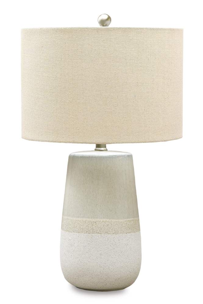 Signature Design by Ashley Shavon Ceramic Table Lamp, Beige/White, Coastal Drum Shade Lamp with 3-Way Switch - Image 5