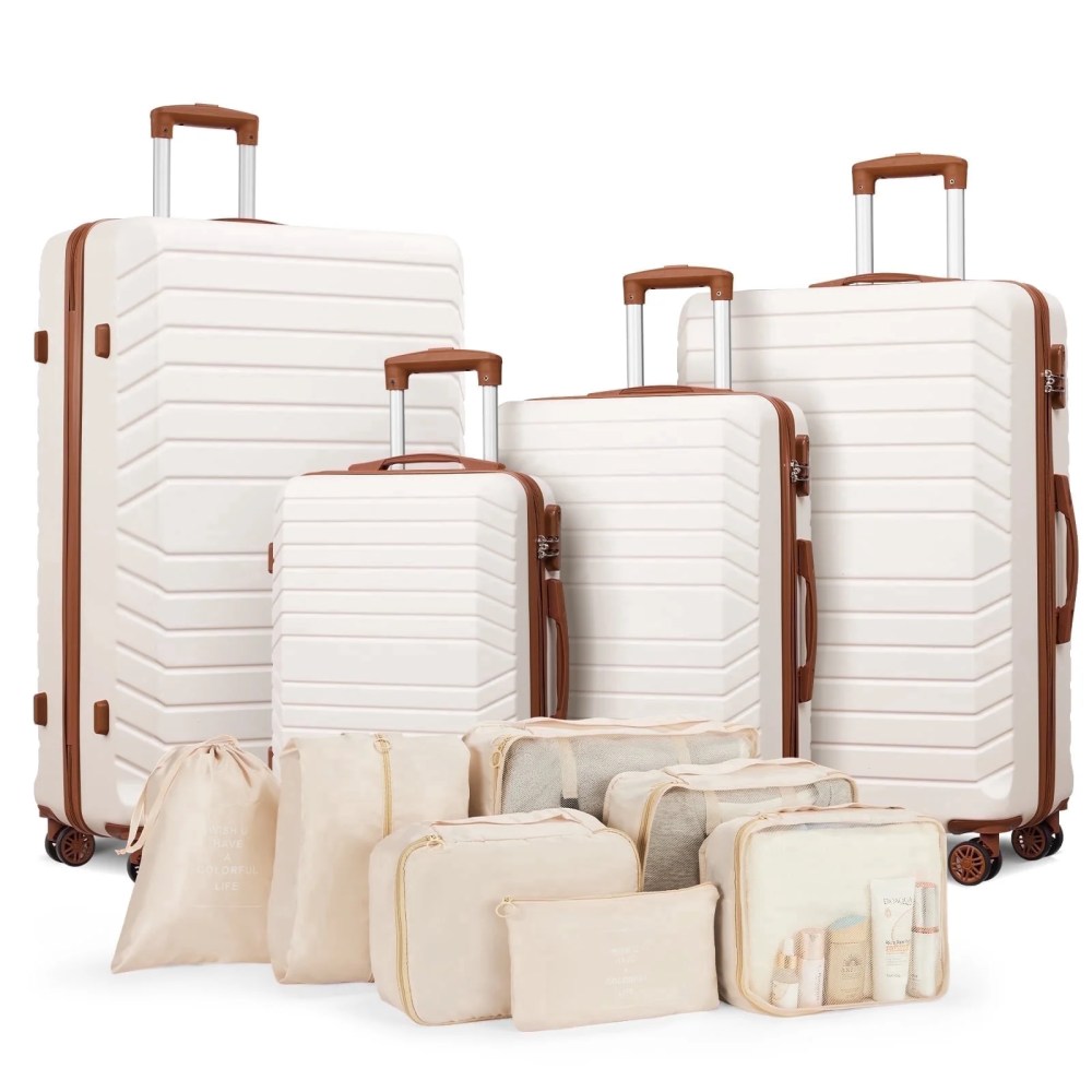 Gowill 4 Piece Luggage Sets with 7 Pieces Organizer Bags,20/24/28/32 inch ABS Carry-on and Checked Suitcase Large Travel Sets,White Tan