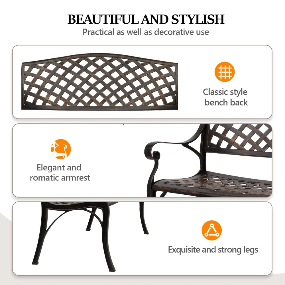 VINGLI 40.5" Patio Garden Bench, Anti- Rust Cast Iron Cast Aluminum Frame for Outdoor Path Yard Lawn Work Entryway Decor Deck,Bronze - Image 2