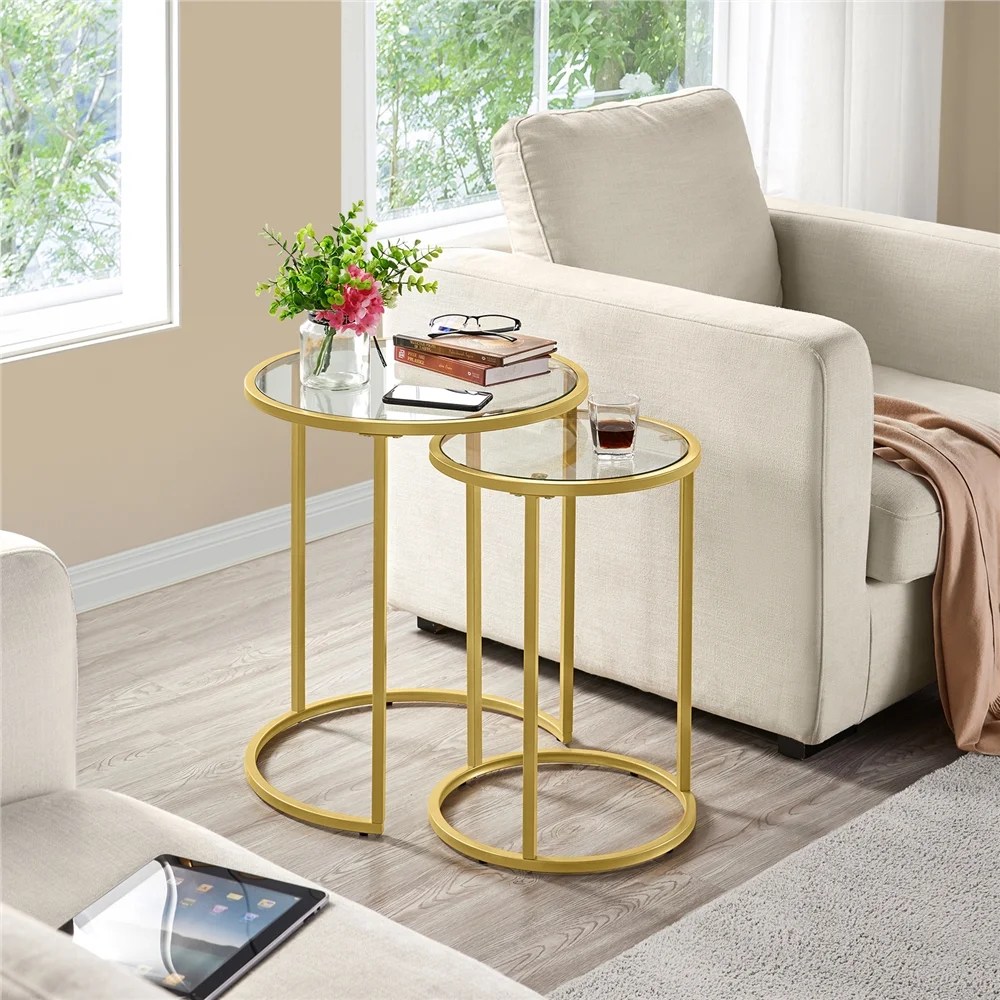 Alden Design Round Iron Nesting Tables for Living Room,Gold/Clear,Set of 2