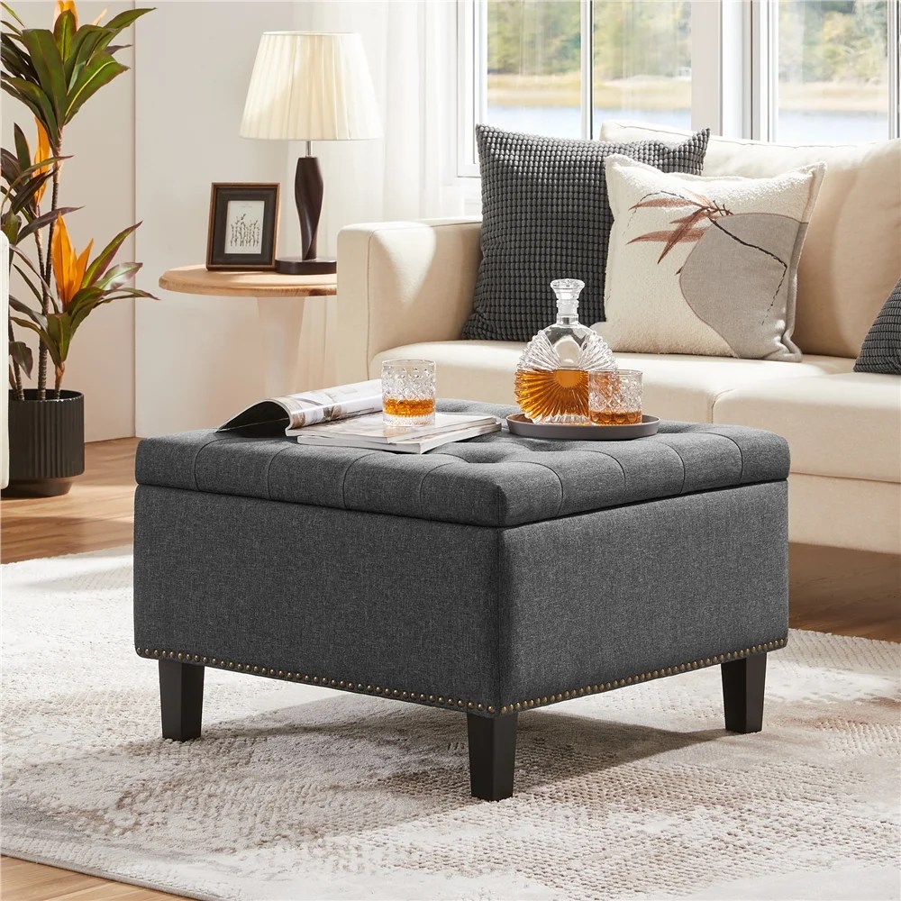 Alden Design Modern Linen-like Storage Ottoman Bench with Button-Tufted for Entryway,Dark Gray - Image 7