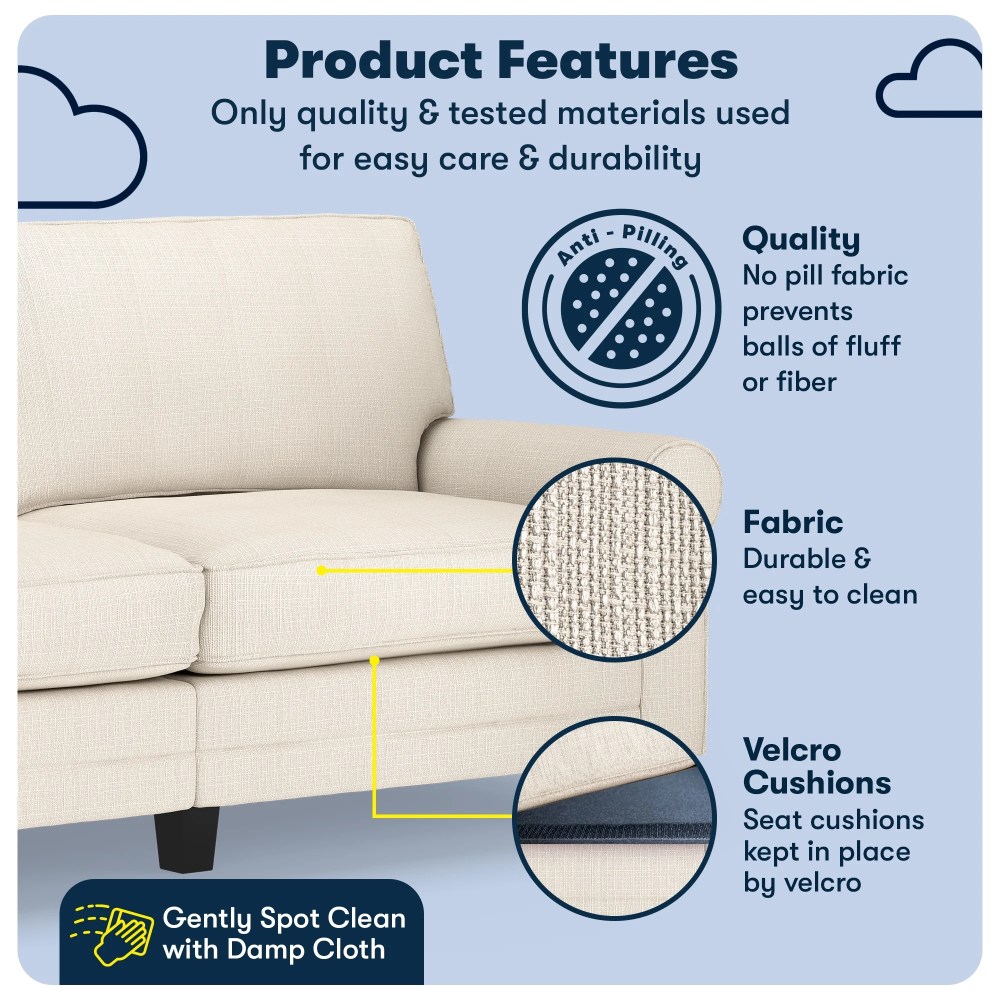 Serta Copenhagen 78" Rolled Arm Sofa, Easy Care Polyester, Loveseat or Couch for Small Spaces, Buckwheat Beige - Image 2