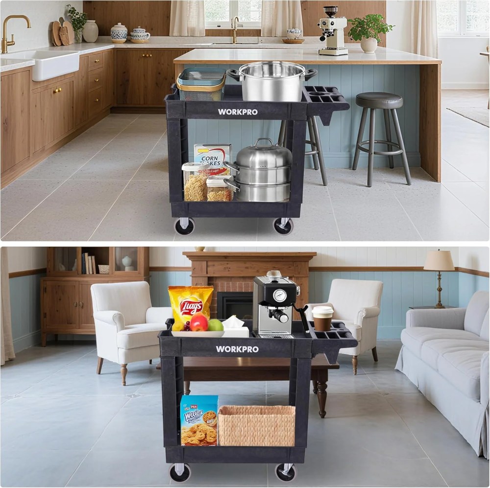 WORKPRO 500 LBS 2-Tier Utility Service Cart,Rolling Tool Cart with 360'Swivel Locking Casters,39"x17"x33" PP Plastic Work Station for Garage & Home - Image 9