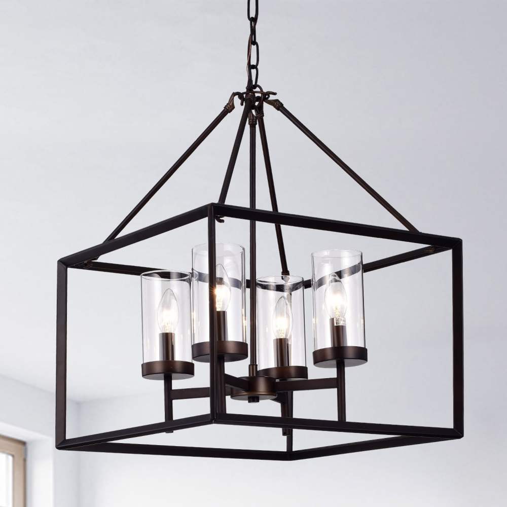 Anson 4-light Clear Pillar Glass Antique Bronze Square Pendant