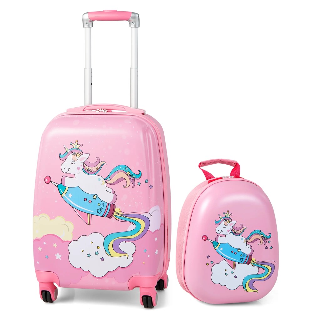 Gymax 2PCS Kids Carry On Luggage Set 12" Backpack and 18" Rolling Suitcase for Travel
