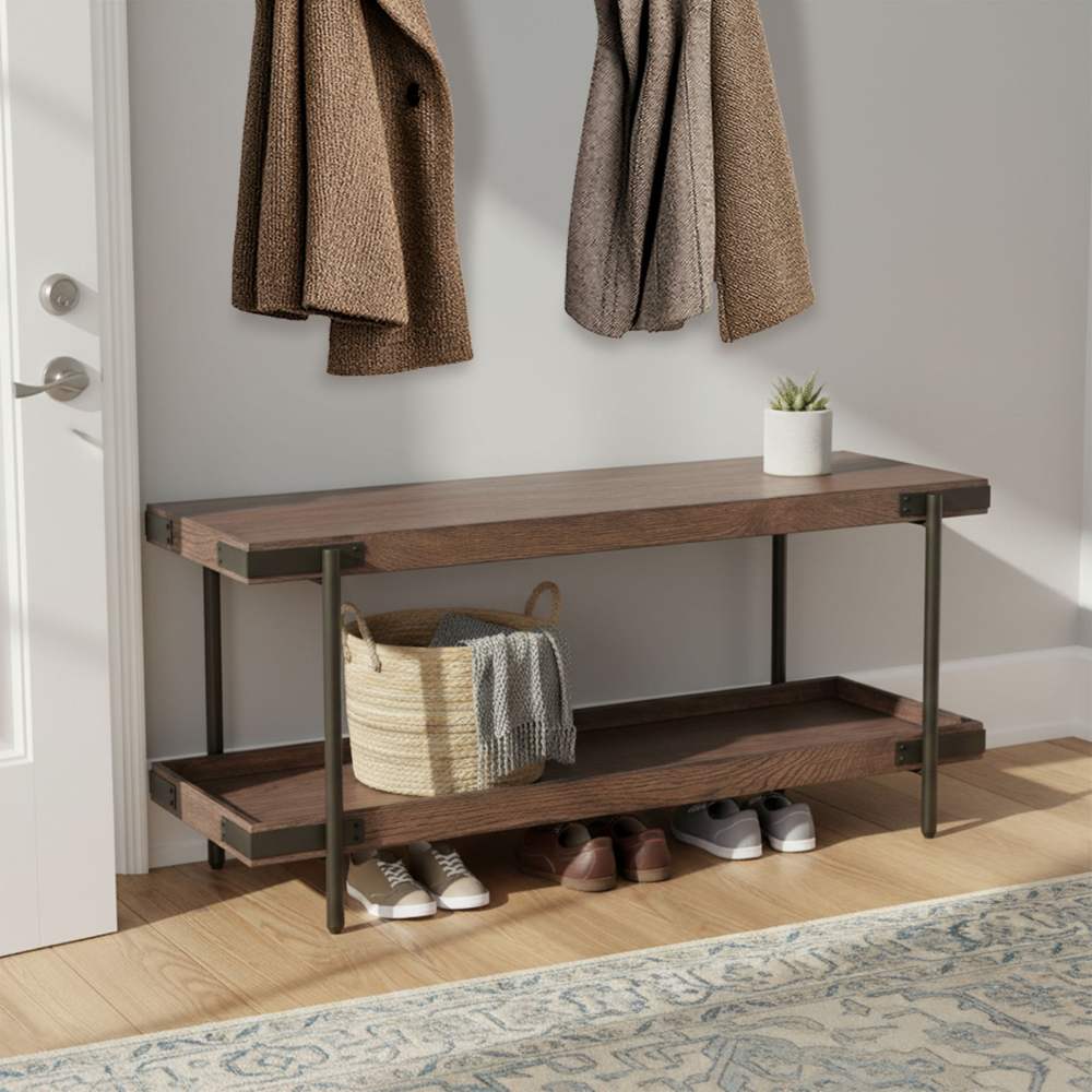 Kyra 42 in. L Oak and Metal Entryway Bench with Lower Shelf - Rustic Industrial Style,Solid Wood Top,Metal Legs,Ideal for Dining Area,Living Room,Mudroom