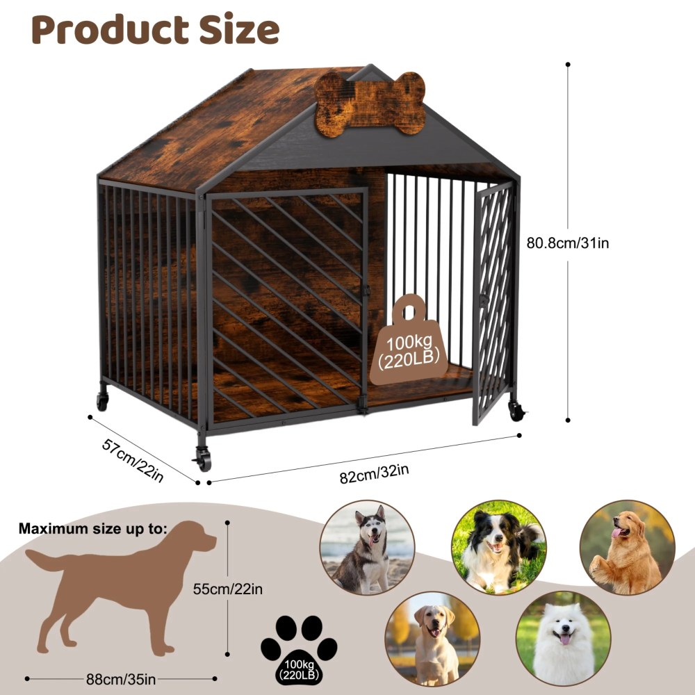 JXXRZ 32" Heavy Duty Dog Crate Furniture- Chew-Proof Double Door Indoor Kennel with Roof, Rustic Brown for Large Breeds - Image 2