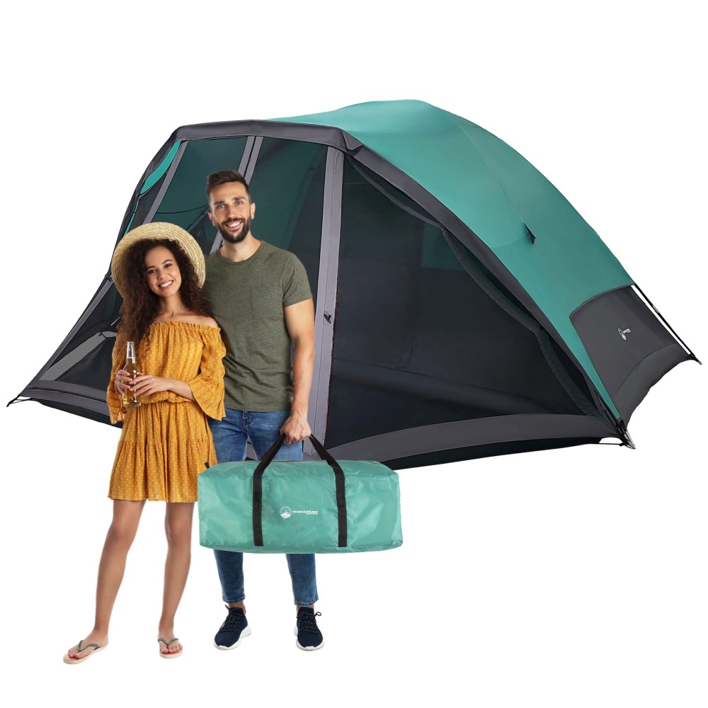 Wakeman Outdoors Cabin-Style 6 Person Camping Tent with Screen Room,  Teal
