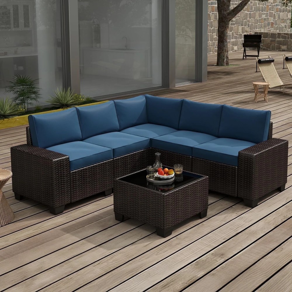 6 Pieces Patio Furniture Set,Outdoor Sectional Set of 6 w/Wide Armrest,Waterproof Wicker Conversation Set for Backyard,Deck,Lake Blue