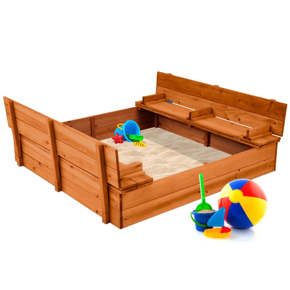 Best Choice Products Large Outdoor Wooden Sandbox for Kids with Cover and Bench Seats Support up to 220 lbs - Brown