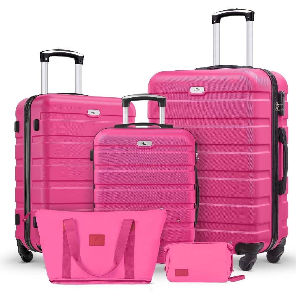 Gowill 5 Piece Luggage Sets, 20/24/28 inch Hardside Lightweight ABS Suitcase With Expandable Duffle Bag (Rose Red)
