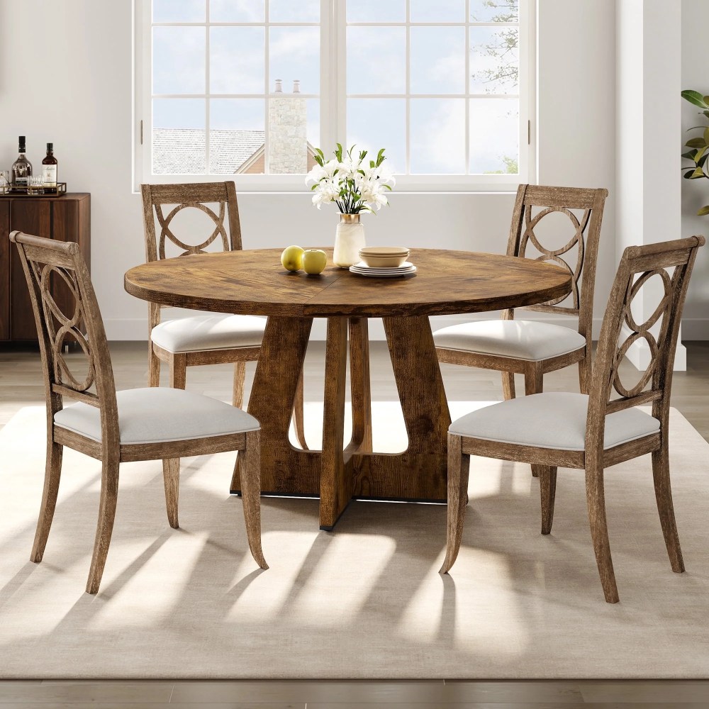 47-Inch Round Large Dining Table Set for 4 to 6,Farmhouse Dinner Table with Wooden Top and Legs,for Home Dining Room or Living Room - Rustic Brown(No Chairs)