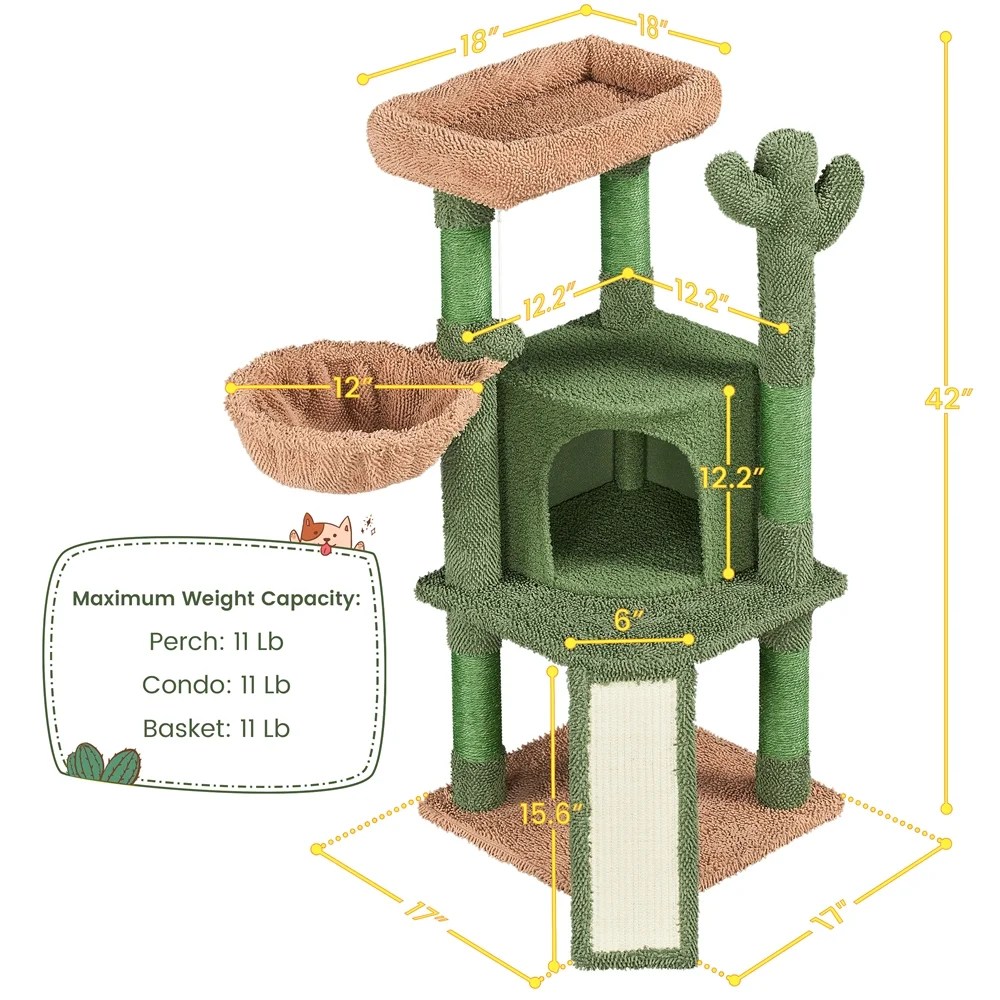 Alden Design 42" H Cactus Cat Tree Tower with Natural Sisal Scratching Posts, Green & Brown - Image 6