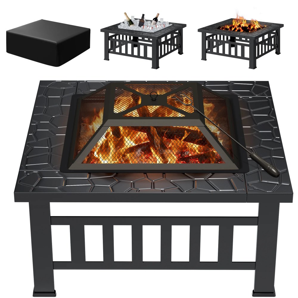 Lacoo 32" Patio Square Fire Pit Table for Patio Backyard BBQ,Ice Storage with Mesh Lid,Poker and Cover,Black
