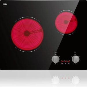 XUTUMM 21-inch Built-in Electric Cooktop,2-Burner 3700W with Mechanical Knob Control,9-Level Heating & Overheat Protection,220-240V Hardwired