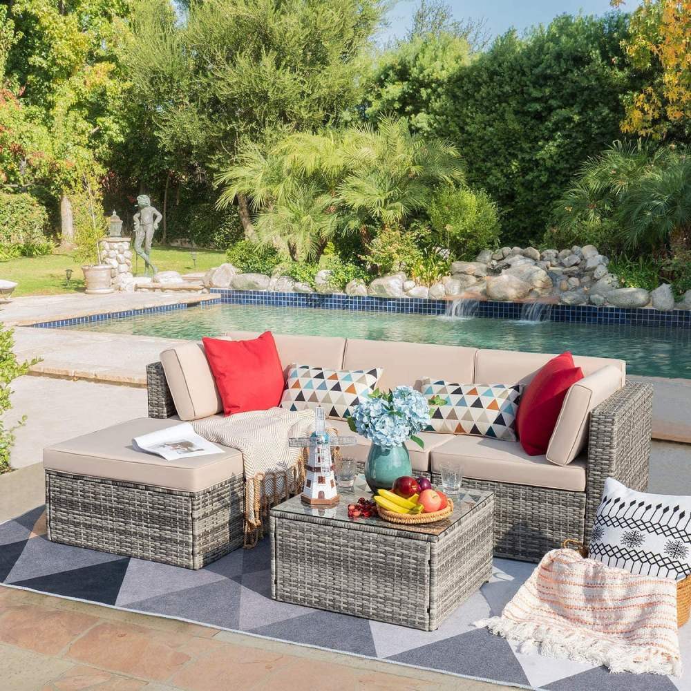 Lacoo 5 Pieces Patio Sectional Sofa Sets All-Weather PE Rattan Conversation Sets With Glass Table Gray,4