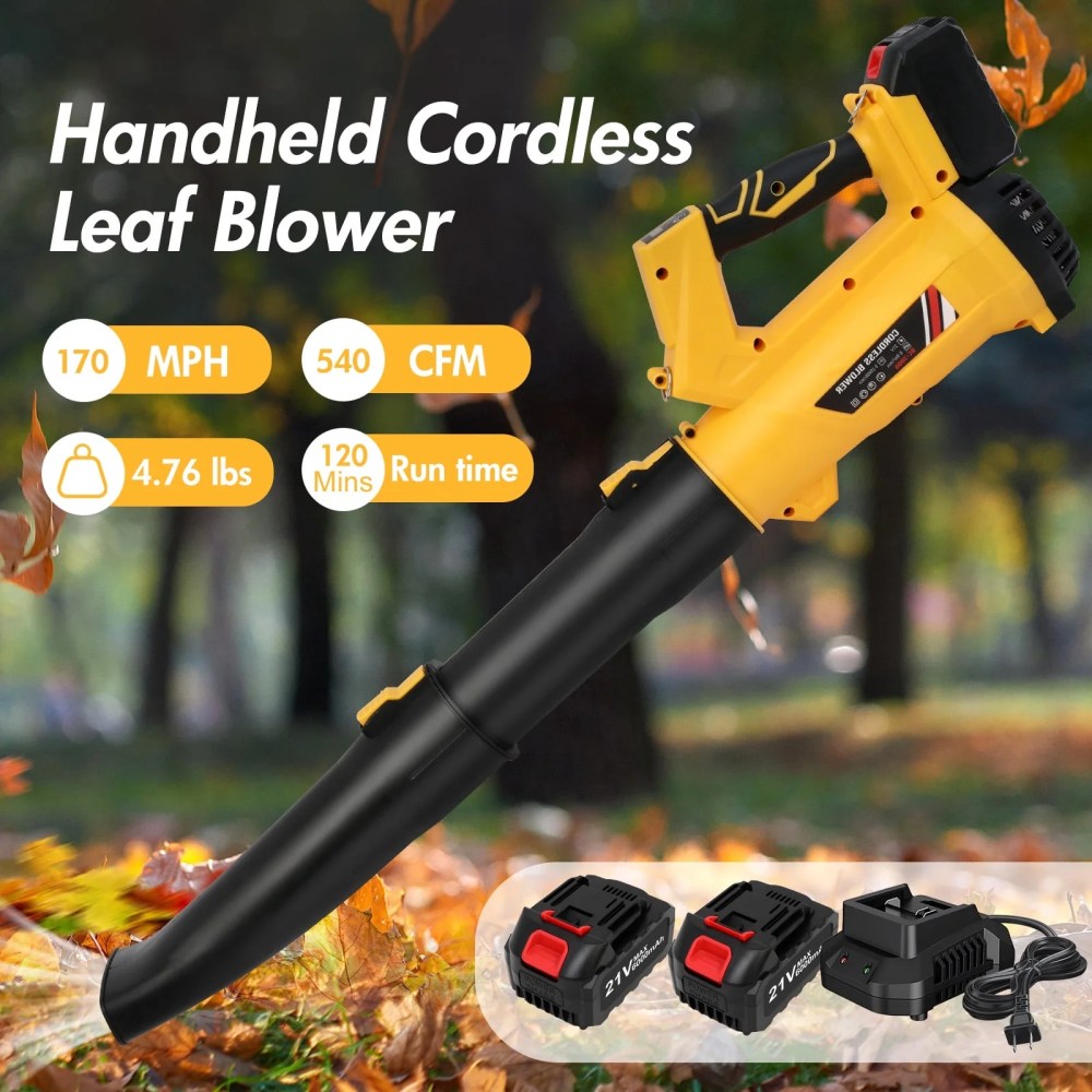 Leaf Blower,170MPH 540CFM Leaf Blower Cordless with 2X6.0Ah Battery & Charger,21V Electric Leaf Blower for Lawn Care,Battery Leaf Blower for Snow Blowing & Yard Patio Garden Cleaning