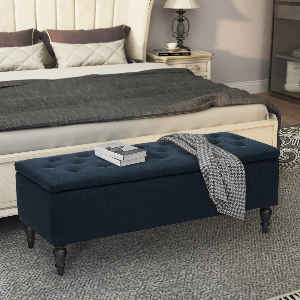 Abble W 45 in. x H 17.3 in.Denim Blue Fabric Upholstered Indoor Use Storage Bench with Button-Tufted Seat