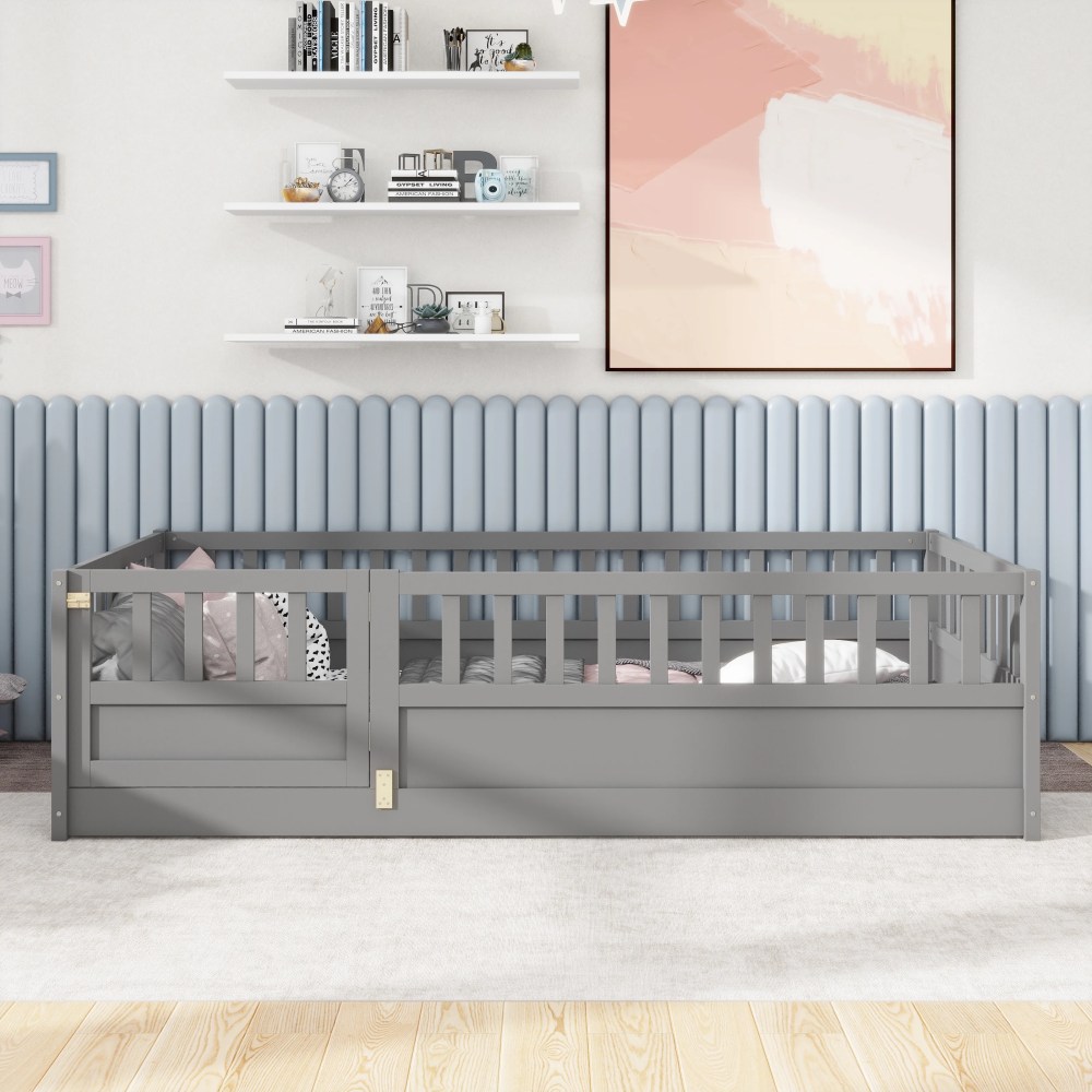Euroco Twin Wood Floor Bed with Fence and Door, Low Wood Bed for Toddle Kids Teens, Gray