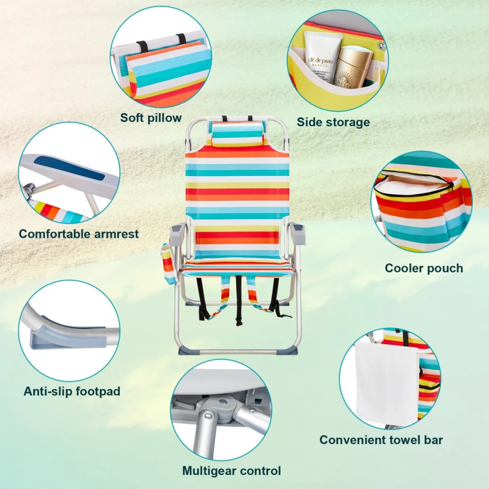 24.8x27.56x38.98in Heightened Oxford Cloth Aluminum Beach Chair (Rainbow Stripes),5-Position Adjustable Back with Lay Flat,Side Cup Holder & Back Pouch,220lbs Capacity,for Camping Picnic Sports - Image 4