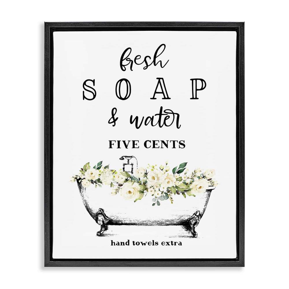 Stupell Industries Fresh Soap And Water Bath Tub Bathroom Design Jet Black Framed Floating Canvas Wall Art, 1620, by Lettered and Lined