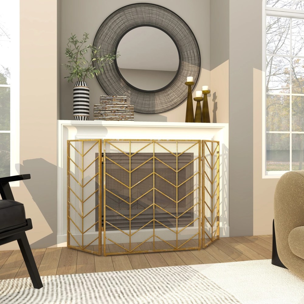 DecMode Gold Modern Metal Zigzag Pattern Fireplace Screen, 52"W x 31"H - Image 11