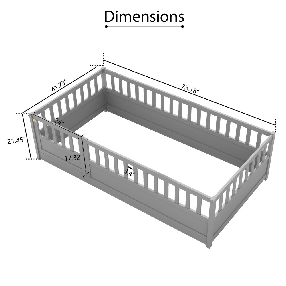 Euroco Twin Wood Floor Bed with Fence and Door, Low Wood Bed for Toddle Kids Teens, Gray - Image 12