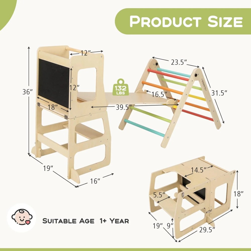 OLAKIDS Climbing Toys for Toddlers, 8 in 1 Foldable Wood Pikler Montessori Jungle Gym with Toddler Tower Angle Adjustable Ladder Ramp Slide, Indoor Kids Playground Climber Triangle Set (Colorful) - Image 4