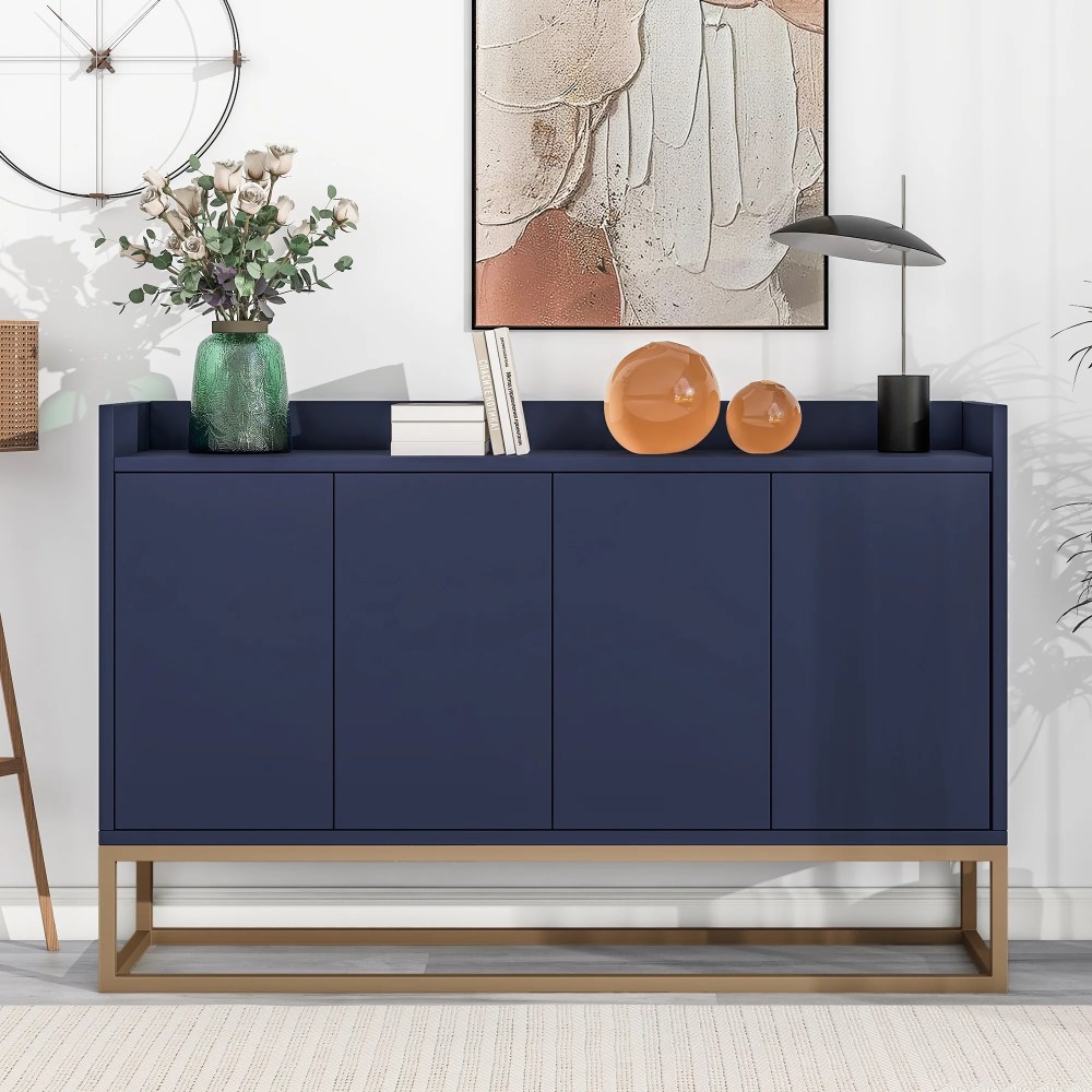 47" Modern Storage Cabinet,Console Table Sideboard Buffet Cabinet with 4 Doors & Gold Metal Base,Entryway Cupboard Furniture,Laundry Room Cabinet for Living Room,Dining Room,Kitchen,Navy