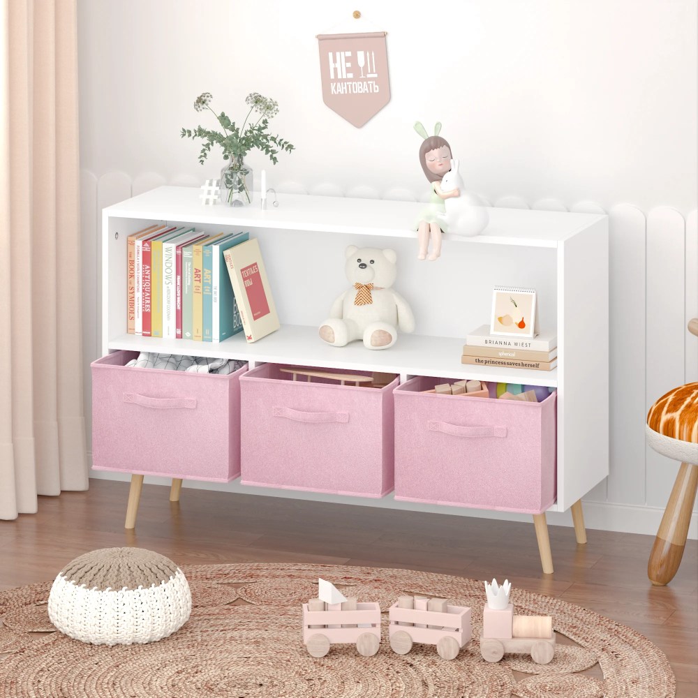 Kids Bookcase with Collapsible Fabric Drawers, Toy Storage Cubby, Children's Book Display, Toy Storage Cabinet Organizer, White/Pink