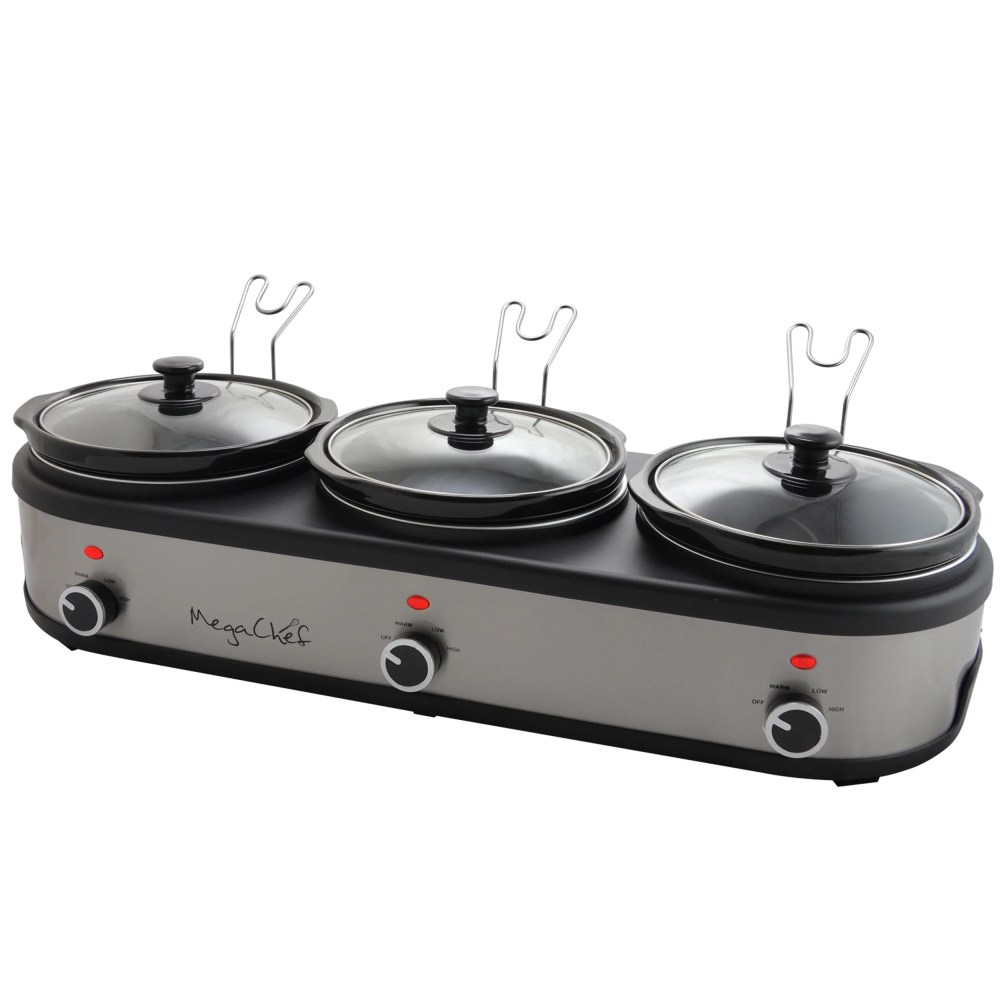 MegaChef Triple 2.5 Quart Slow Cooker and Buffet Server in Brushed Silver and Black Finish with 3 Ceramic Cooking Pots and Removable Lid Rests - Image 7