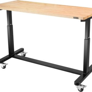 WORKPRO 60" Height Adjustable Work Table with Crank Handle and Casters,60" x 24" Wooden Top Standing Desk Workbench,Heights from 29"-38",500 Lbs Load Capacity for Garage.