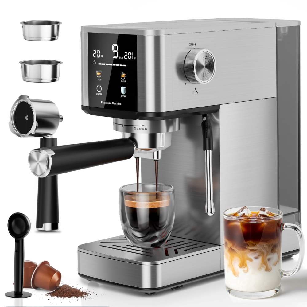 Auseo 20 Bar Coffee Maker with Color Touchscreen,Espresso Machine with Milk Frother Steam Wand,1.4L Removable Water Tank,Capsules Compatible & Ground Coffee,Silver.