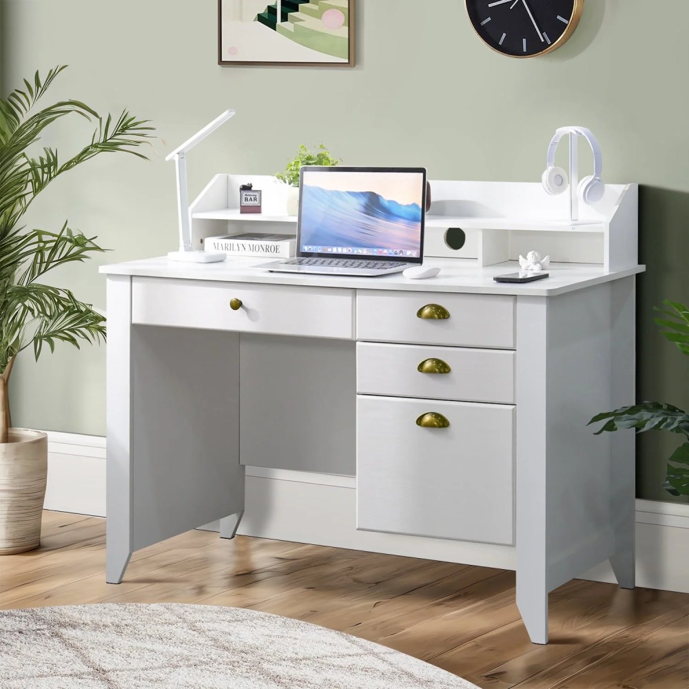 Catrimown Computer Desk with Drawers,47.5 in White Desk with 4 Drawers,Home Office Desk with Monitor Stand,White