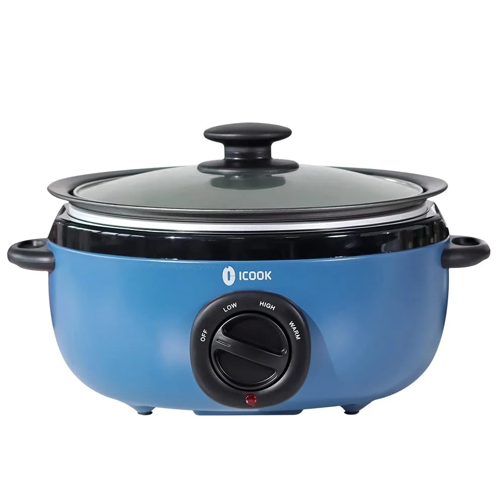 6.5 Quart Slow Cooker,Aluminium Sear/Saut Stew Pot Stovetop Safe,Dishwasher Safe,Glass Lid,Adjustable Temp,Food Warmer (Blue)