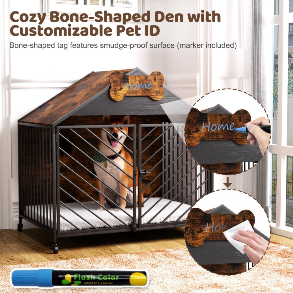 JXXRZ 32" Heavy Duty Dog Crate Furniture- Chew-Proof Double Door Indoor Kennel with Roof, Rustic Brown for Large Breeds - Image 4