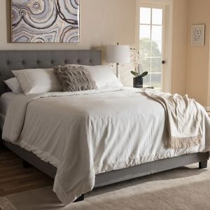 Baxton Studio Cassandra Queen Bed with Padded Headboard and Button-Tufted Detail, Light Grey