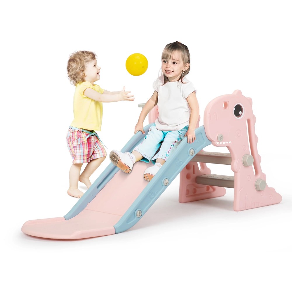 Nyeekoy 3 in 1 Foldable Toddler Large Slide w/ Climbing Ladder, Basketball Hoop, Indoor Outdoor Freestanding Playground for Kids