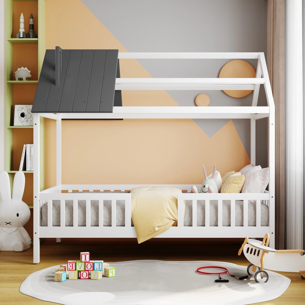 Euroco Twin Size House Platform Bed with Roof and Guardrails Design,White&Gray