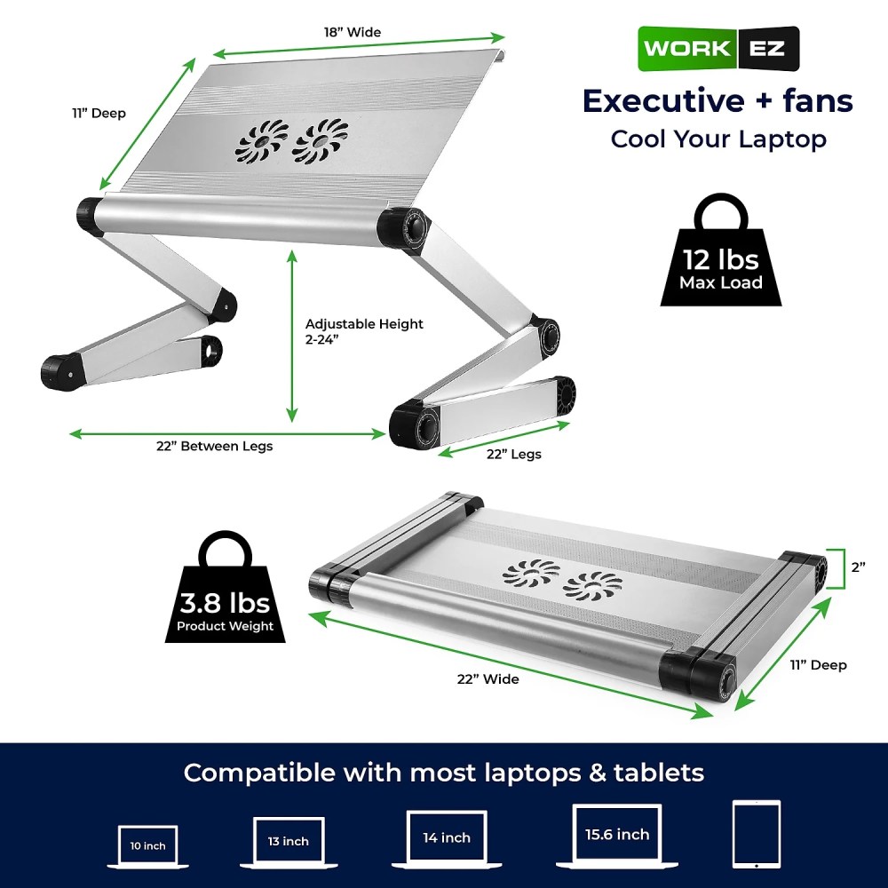 Adjustable Laptop Cooling Stand with Dual Fans & USB Ports-WorkEZ Executive Foldable Aluminum Laptop Desk for Bed, Couch & Office, Ergonomic Riser for Laptops up to 17" - Image 7